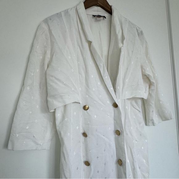 14 Vintage Old Money Minimalist White Patterned Collared V-Neck Midi Dress Gold - Picture 11 of 13